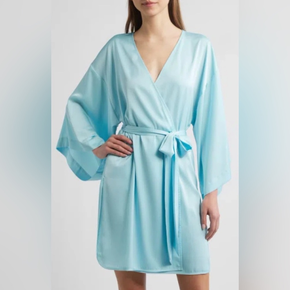 Nordstrom Get Ready With Me satin robe in blue aqua